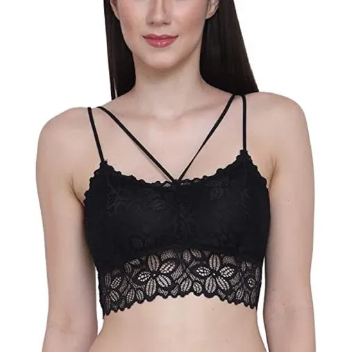 KAMINI Net Lacy Bralette Bra Lightly Padded Bra with Lace Fabric Reguler And Comfortable Bra Cups (Pack of 1 _ Black)