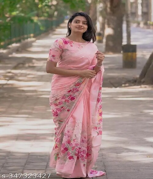 Shree Hari Fabrics Printed, Digital Print, Geometric Print, Floral Print Bollywood Cotton Blend, Cotton Linen Saree (White)-Size-Free Size-Multicolor2