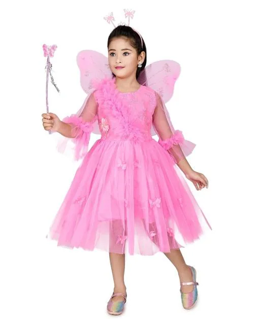 NEW TUSI DRESSES Net Solid Frock for Girls | Frock, Hair Band, Fairy Stick and Fairy Wing (Pink, 3-4 Years)