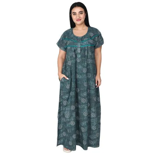OSF Women's Printed Cotton Floral Maxi Round Neck Full Length Nightwear Night Gown Nighty ( Pack of 1, Dark Green, Size: 2XL, NW0386_2XL_DG)