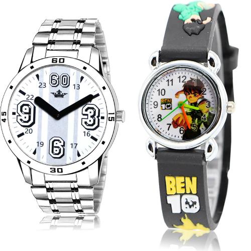 NEUTRON Brand New Traditional Lionel Messi And Ben 10 Kids Silver And Black Colour Analog Metal And Plastic Belt 2 Watch Combo For Boys And Men - BL46.111-BK87