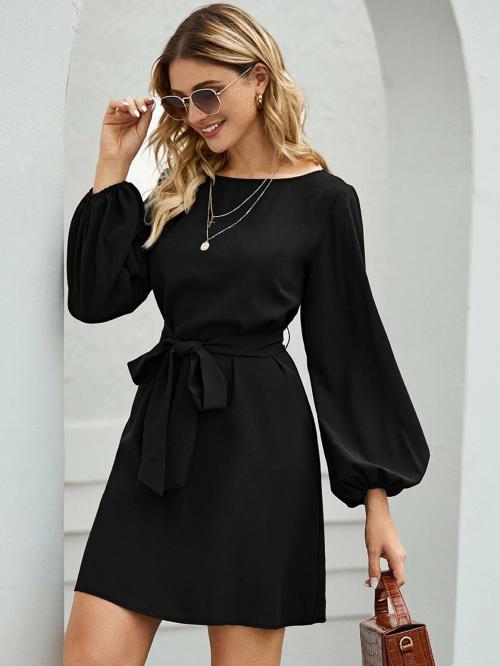 Istyle Can Belted Bishop Sleeve Round Neck American Crepe Dress
