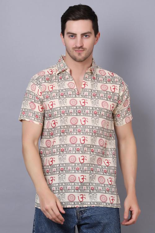 AXOLOTL Premium Om Mantra Religious Print Cotton Blend Men Short Kurta