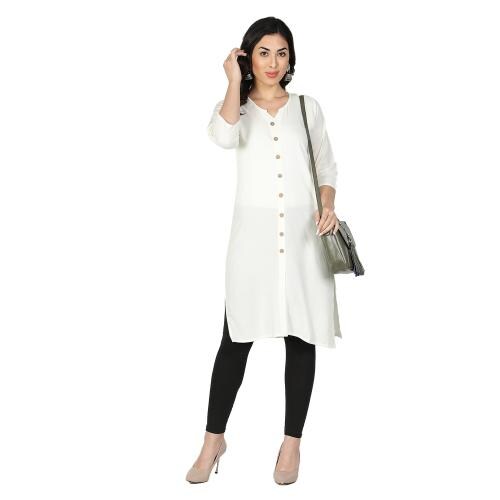 Fabclub Women Rayon Solid Plain Front Slit Straight Kurti (Off White)