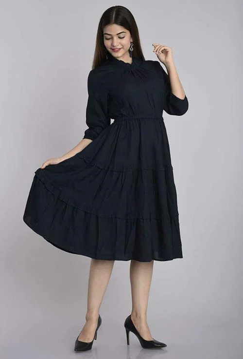 BEFINEL Women's Dresses Solid Plain A Line Western Dress - Rayon One Piece Knee Long Midi Dress - Blue - Medium (38)