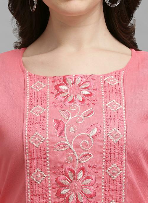 Viva N Diva Women's Light Pink Cottan Slub Embroidery Kurti.