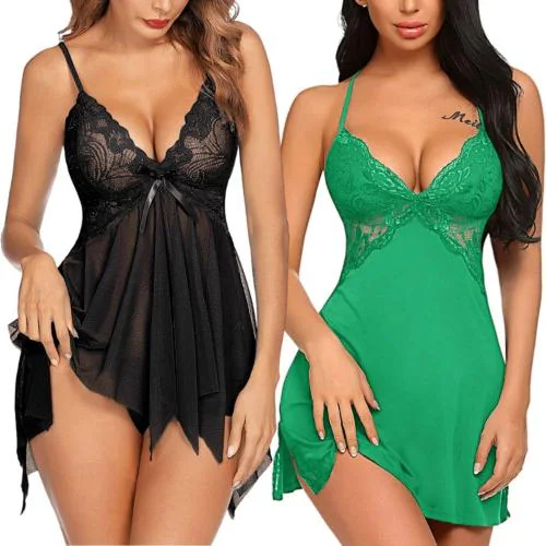 Arnoni Sexy Nighty for Honeymoon Sex, Babydoll Lingerie Set for Women Polyester Baby Doll Night Dress Sexy Lingerie for Women ak Combo (Black and Forest Green)