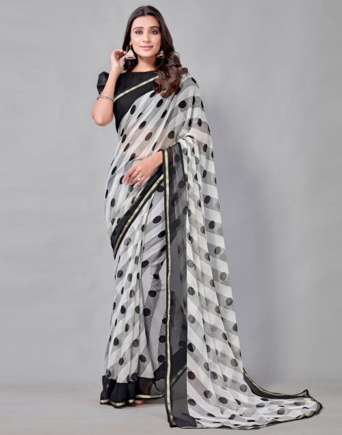 Siril Women White & Black Printed, Geometric Print, Embellished, Floral Print Chiffon Saree | sarees for Women| saree | sarees