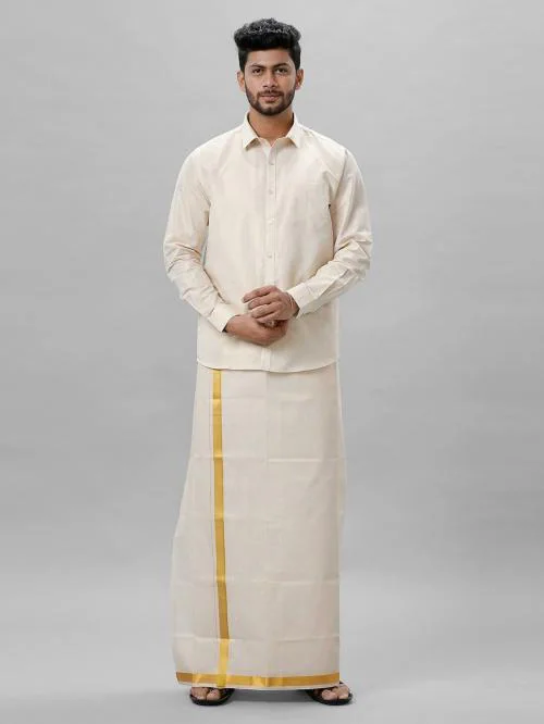 Ramraj Men White Solid Spread collar Long sleeves Tissue Shirt and Dhoti Set.