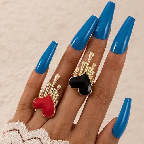 ARZONAI red flow heart peach heart love drop oil contrast ring 2-piece set Metal Ring Set