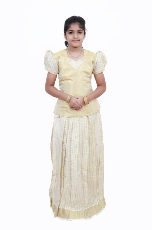 NILA Girls Traditional Readymade Pattu Pavadai silk Lehenga Choli- Cream- 7-8 Y