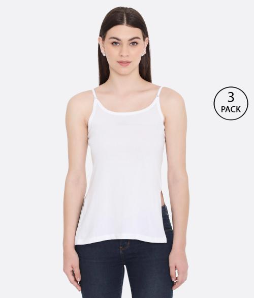 Feelings Women's Solid White Side Slit Kurti Slip Camisole with Adjustable Straps