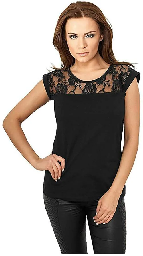 Boldwink Womens Black Cotton Lace Up Neck Elegant Design T-shirt