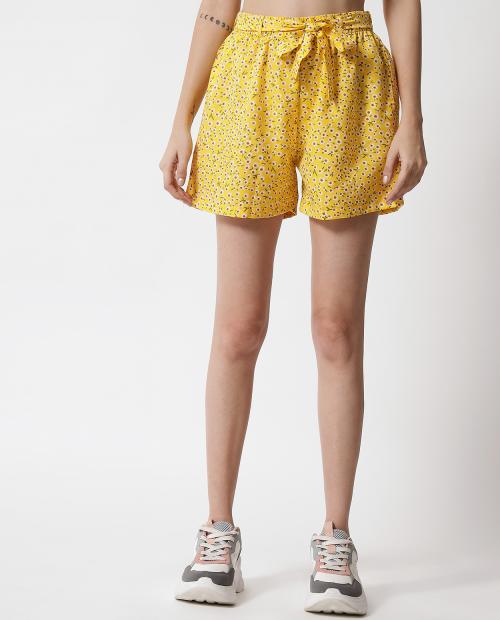 My Swag Women's Yellow Color Floral Print Daily Use Casual Outdoor Shorts With 2 Pockets