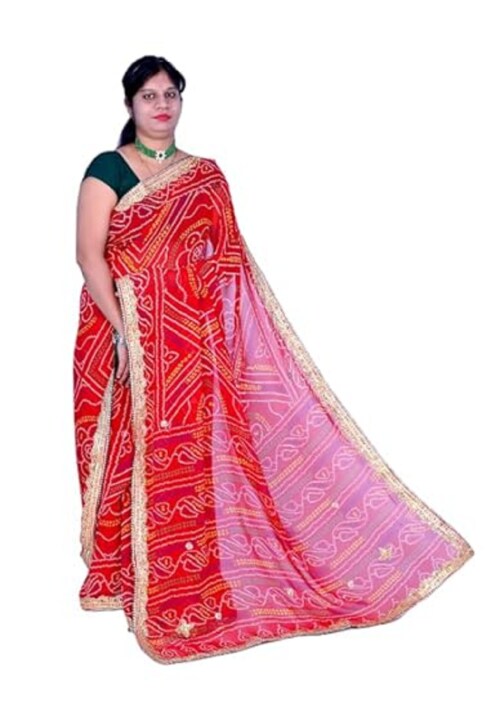 FASHION MOODS Jaipuri Handwork Bandhej Georgette Red Chunri Saree with Matching Blouse Karwachauth Special