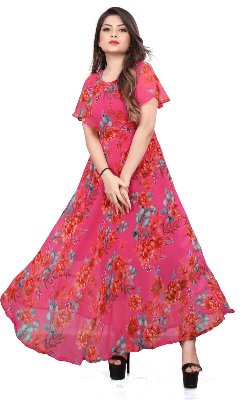 DDRS FASHION Women Pink Printed Georgette Maxi Dress (M)
