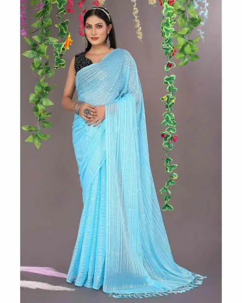VKARAN Womrn's Sky Blue Lycra Sequence and Latkan Work Striped Saree With BlouseCasual Wear Art Silk Saree For Women | Cotton Saree | Latest