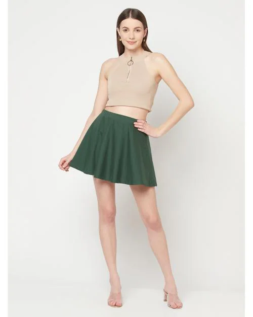 Glito Solid Dark Green Mini Skirt For Women
