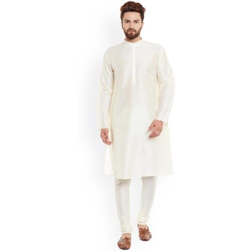 Bontestitch Men's Dupion Silk White Kurta Pajama Set (Size: XL)
