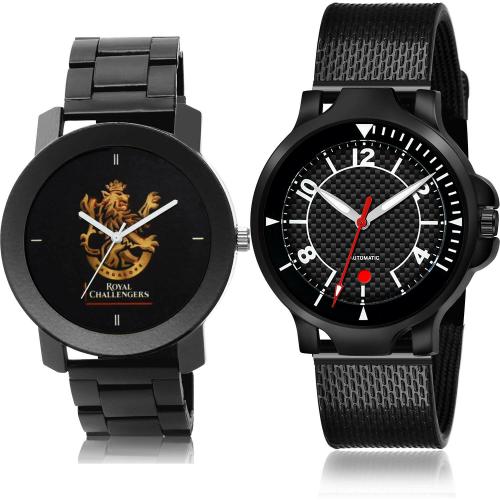 NIKOLA Best Gift Royal Challengers Bangalore Squad (Rcb) Ipl Chain Black Colour Analog Metal And Plastic Belt 2 Watch Combo For Boys And Men - IPL16-(66-S-10)