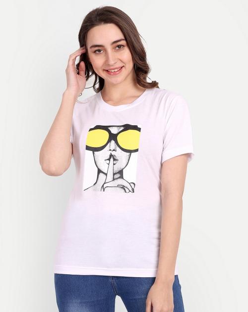 JS CLOTHING Women white Cute Printed Loose T shirt