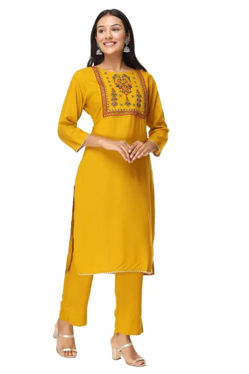 VIHAAN IMPEX Women Yellow Embroidered Kurta with Trouser