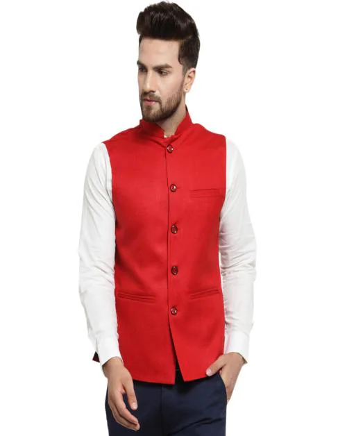 TREEMODA Men's Red Regular Fit Solid Nehru Jacket for Wedding & Party