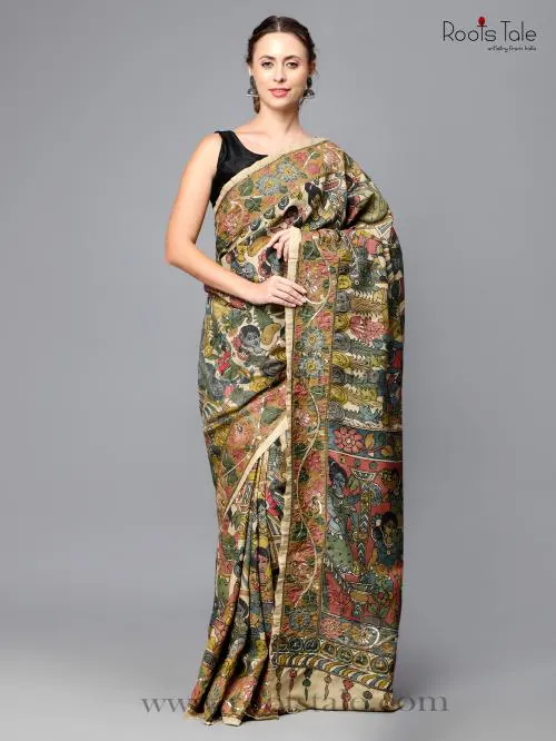 Roots Tale BEIGE KALAMKARI NATURAL DYE VILLAGE SCENE AARI WORK SILK SAREE