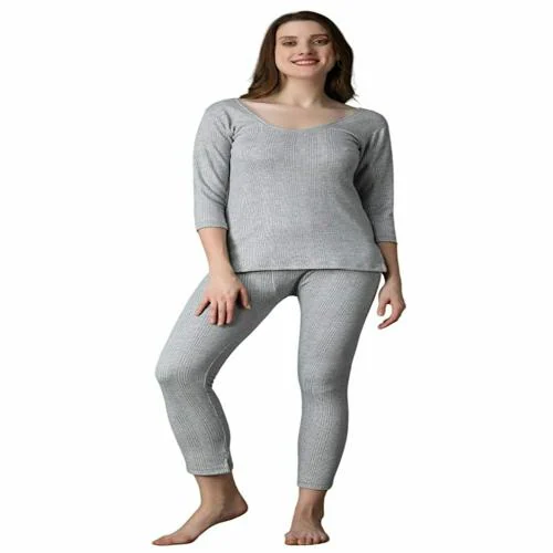 Wearslim Winter Wear Thermal Upper Vest and Bottom Lower Warmer Combo for Women Long Johns Underwear Set - Light Grey, 3XL