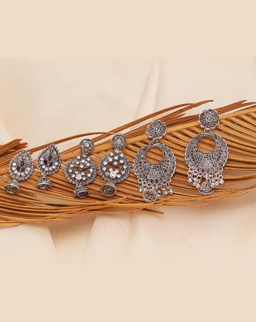 Ayesha Set Of 3 Ethnic Silver Chambali Earrings With Small Jhumki Danglers