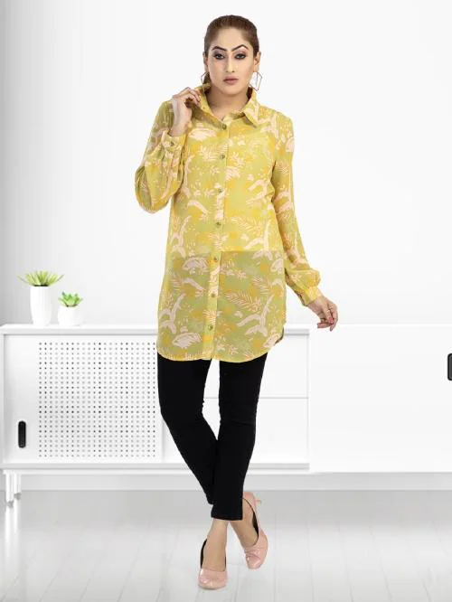 NINO BAMBINO Women's Regular Fit Floral Printed Collar Neck Casual Long Shirts for Ladies & Girls - Yellow-3XL