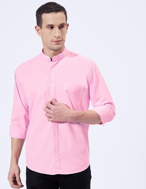 Ben Martin Men's Slim Fit Mandarin Collar Cotton Casual Full Sleeve Shirt Pink