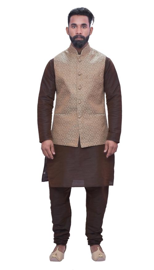 MAG Men's Brown Matching Kurta Churidhar with Banarsi Gold Waistcoat