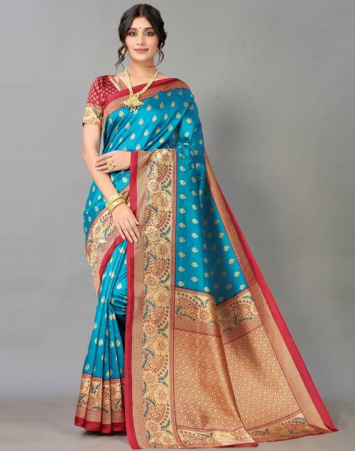 Samah Women Blue, Beige Cotton Silk Printed Saree