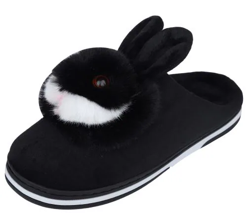 DEKKIN Slippers for Women Fluffy Furry Fur House Slipper Anti-Slip Indoor Outdoor Slipper- Black- 5 UK To 6 UK