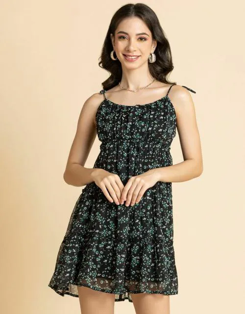 Moomaya Women Printed Mini Dress, Strappy Shoulders Tiered Short Summer Dress