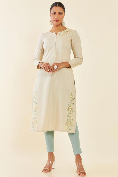 Beige Rayon Floral Embroidered Kurta With Cutwork And Mirror Embellishment