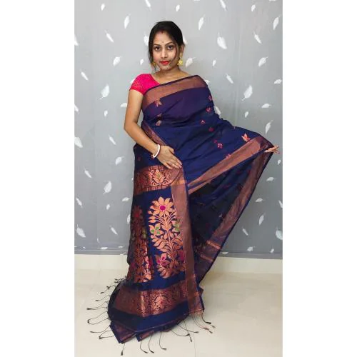 Biswas Handloom Woven Navy Clothing Jarry Weave Handloom Jamdani Saree