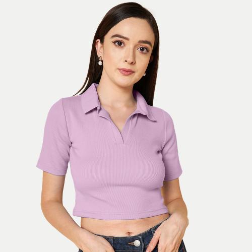 Rad Prix Women Light Purple Cropped Rib Polo T shirts