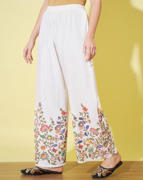 BuyNewTrend White Floral Bird Print Rayon Women Palazzo Pant