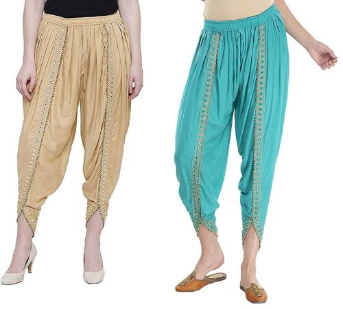 SriSaras Women Skin and Aqua Green Embroidered Rayon Dhoti Pants - Free Size (pack of 2)