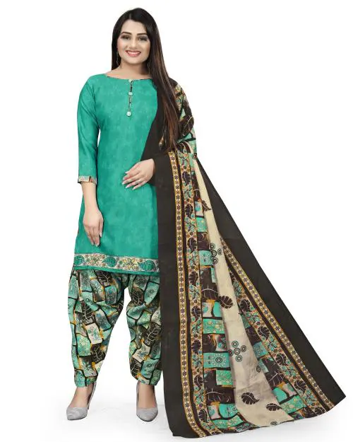 Rajnandini Women's Turquise Blue Cotton Printed Unstitched Salwar Suit Material