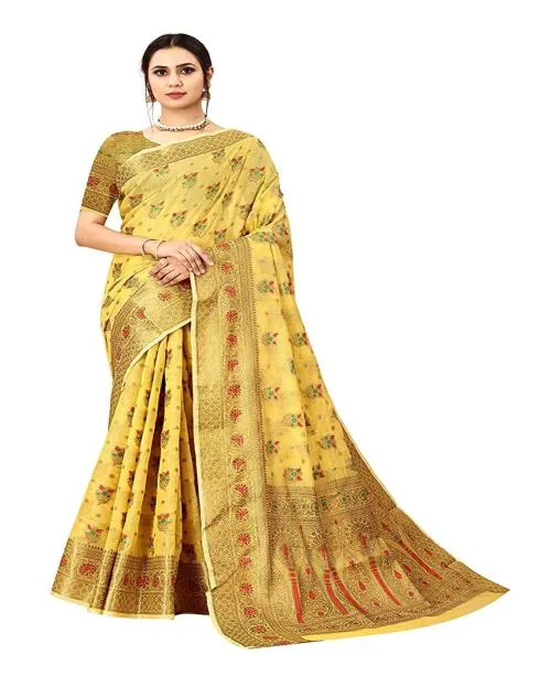 MARGI DESIGNERS Women Yellow Cotton Silk Saree with Blouse Piece