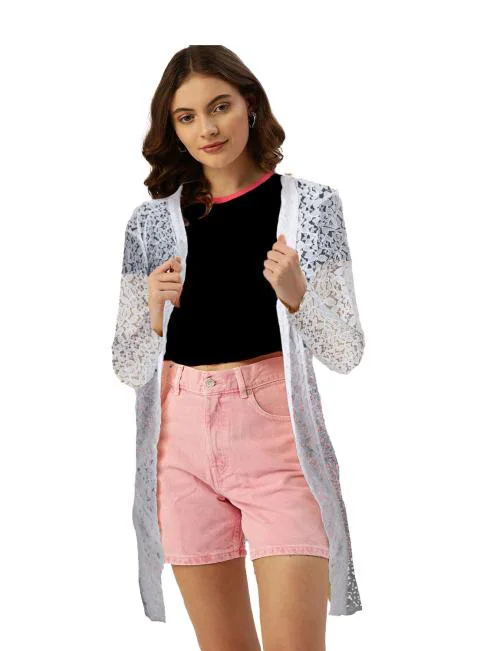 Neeba Knee Length Cotton Long Net Floral Design Shrug for Women & Girls For both Regular and Formal Wear (White)