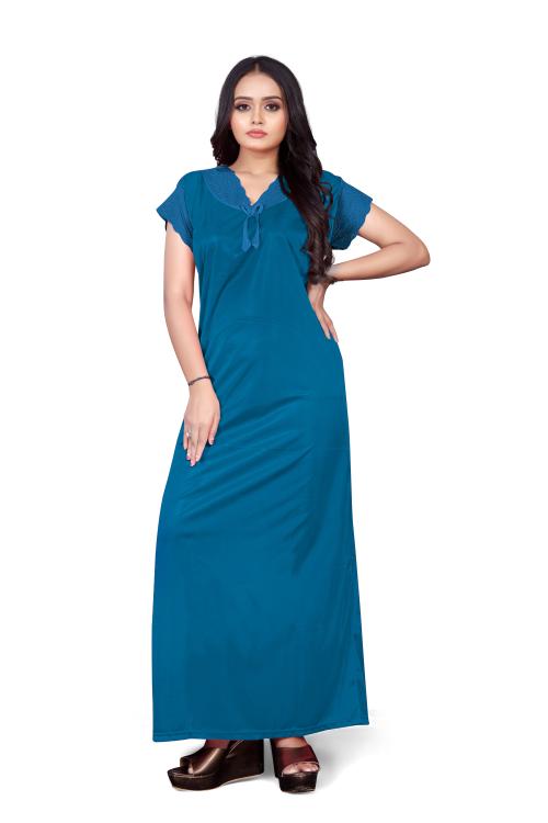 HAUTELOOK Women's Lycra Satin Nighty Gown Gala Latkan with Work and Half Sleeves Alterable-Blue-XL