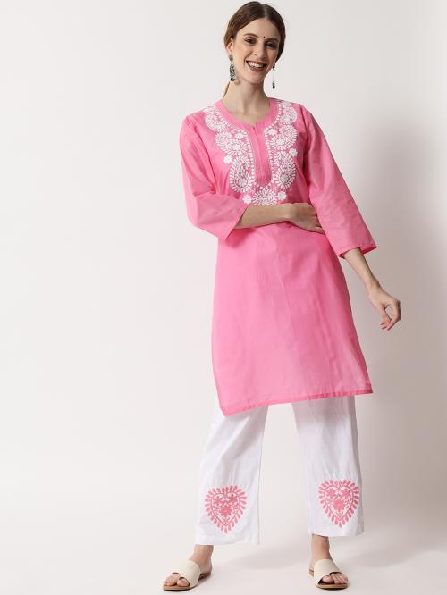 Kalakarm Embroidered Lucknowi Chikankari Cotton Kurta with Palazzo Set