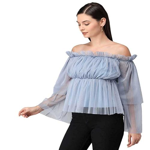 RICHAURA Women's Off Shoulder Net Top | top for womens-Grey Colour(Size- L)