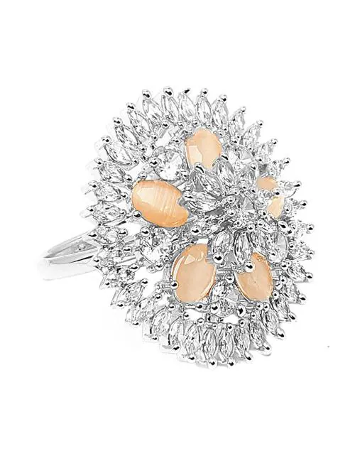 Kairangi By Yellow Chimes Rhodium Plated Brass American Diamond Pestal Studded Floral Finger Ring For Women And Girls