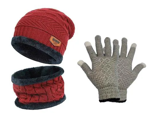 B & B BUTTONS & BOWS Red Beanie And Neck Scarf For Men And Women