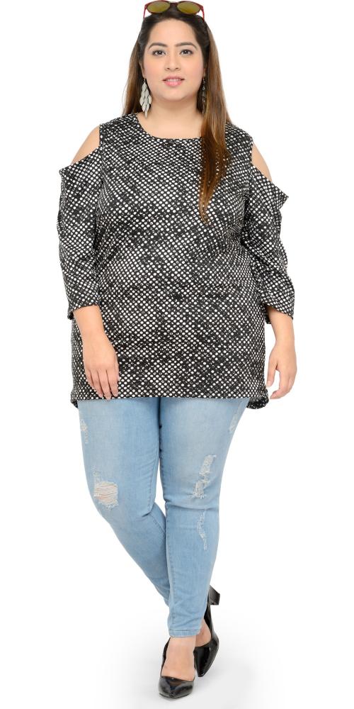 Pluss Women Black Printed Cotton Blend Casual Regular Sleeve Top